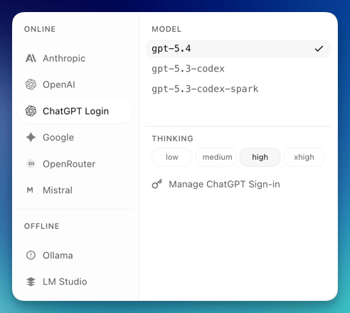 Document.bot model provider picker with online and offline AI providers