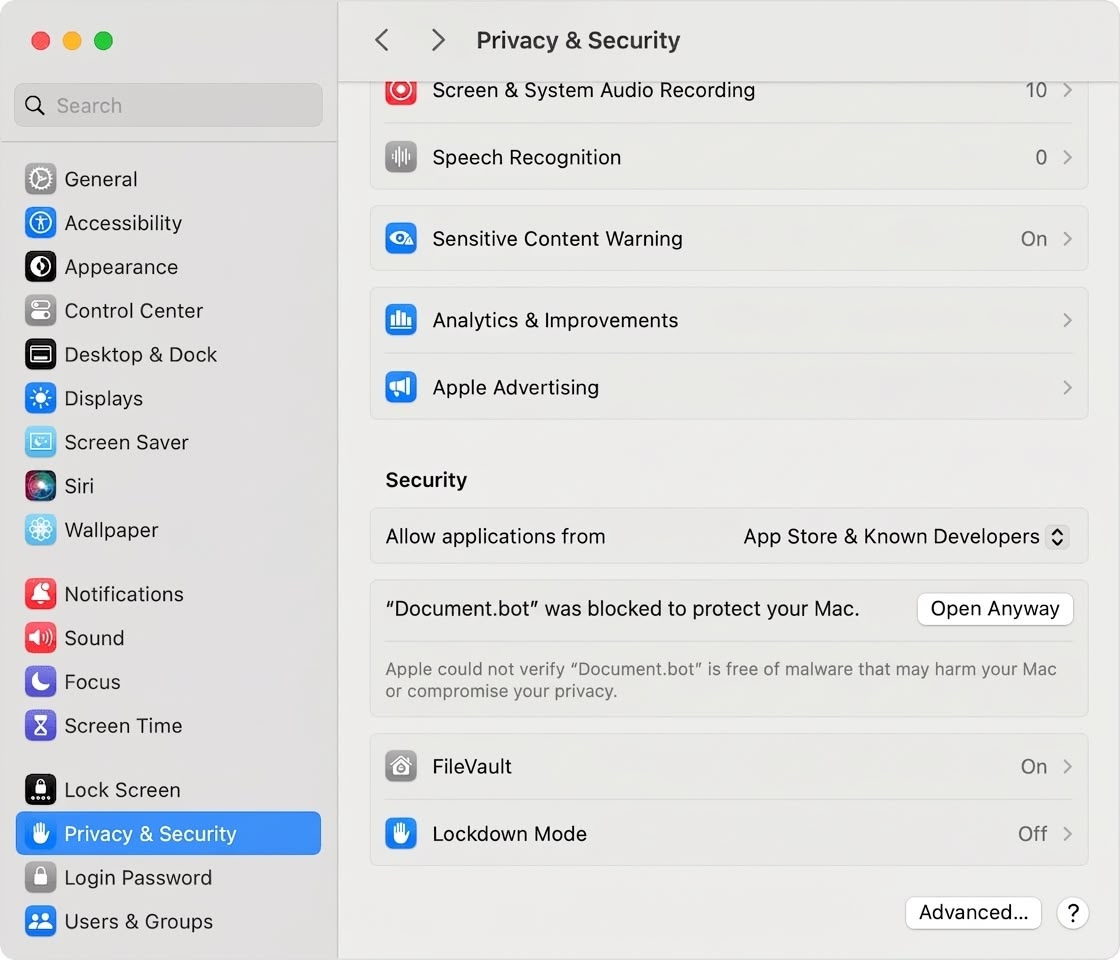 macOS Privacy and Security showing Document.Bot blocked with an Open Anyway button