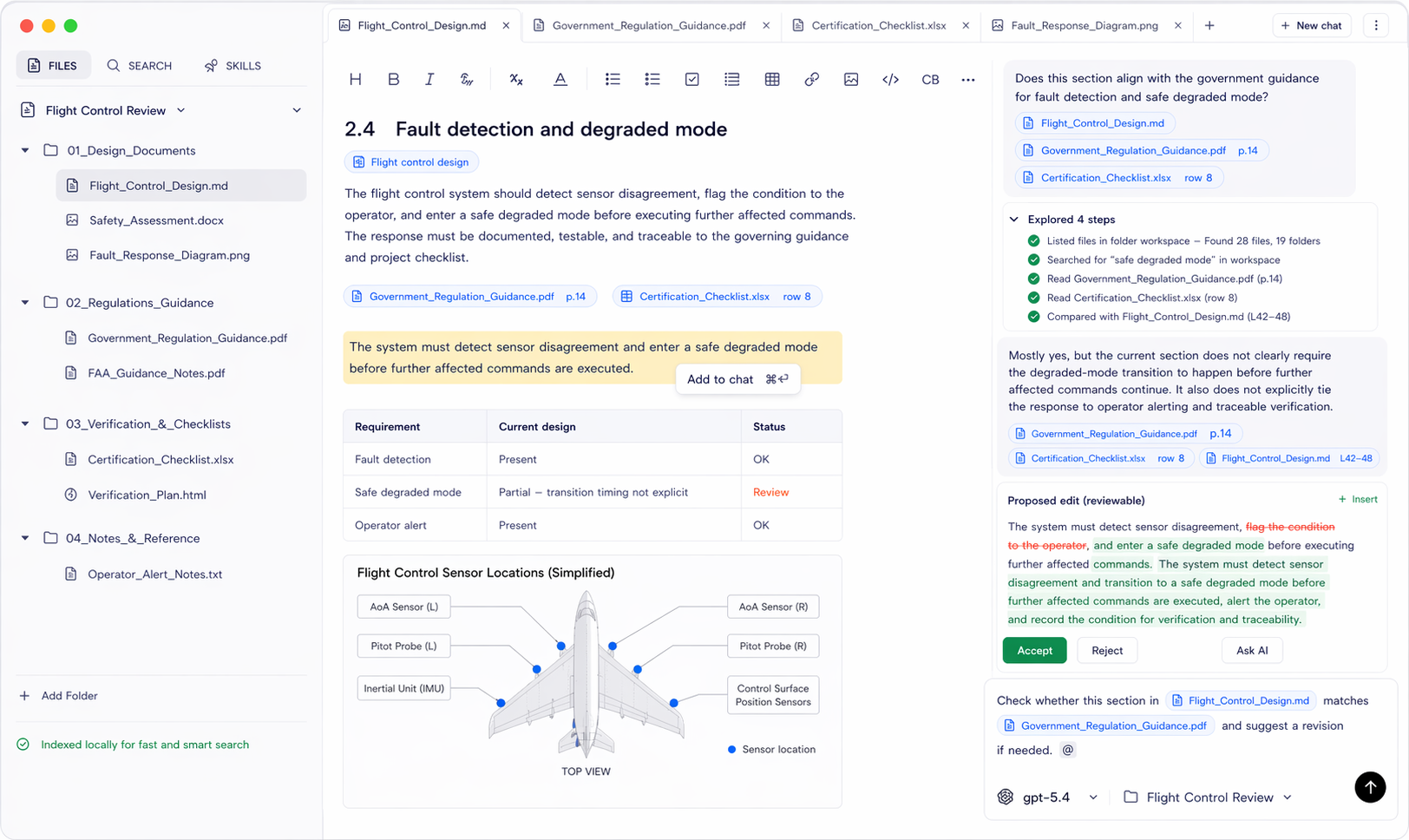Document.Bot showing workspace files, document editing, and AI review